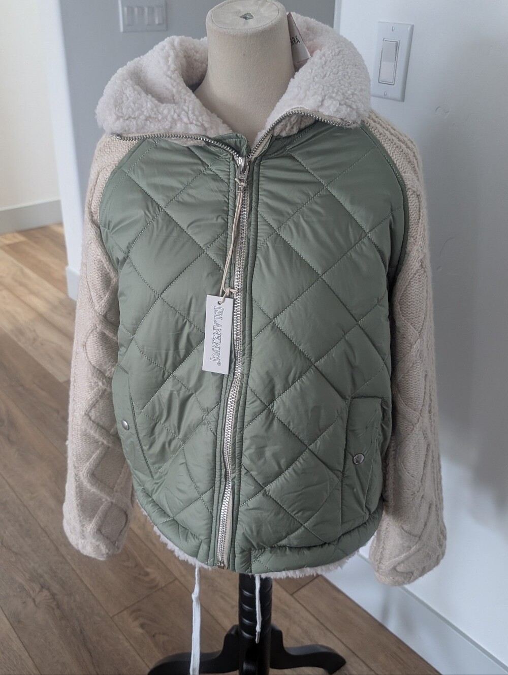 Blank NYC Quilted Olive Green & Cream Sherpa-Trim Puffer Jacket